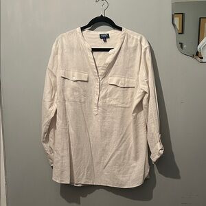 Chaps Men's Casual White Roll Tab Linen Shirt